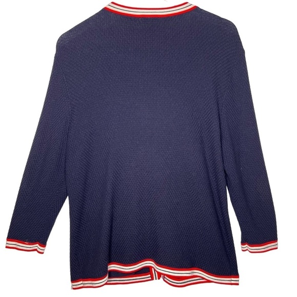 Talbots Navy Blue Red White Nautical Knit Pearl Button Cardigan Pockets Size L - Picture 3 of 12